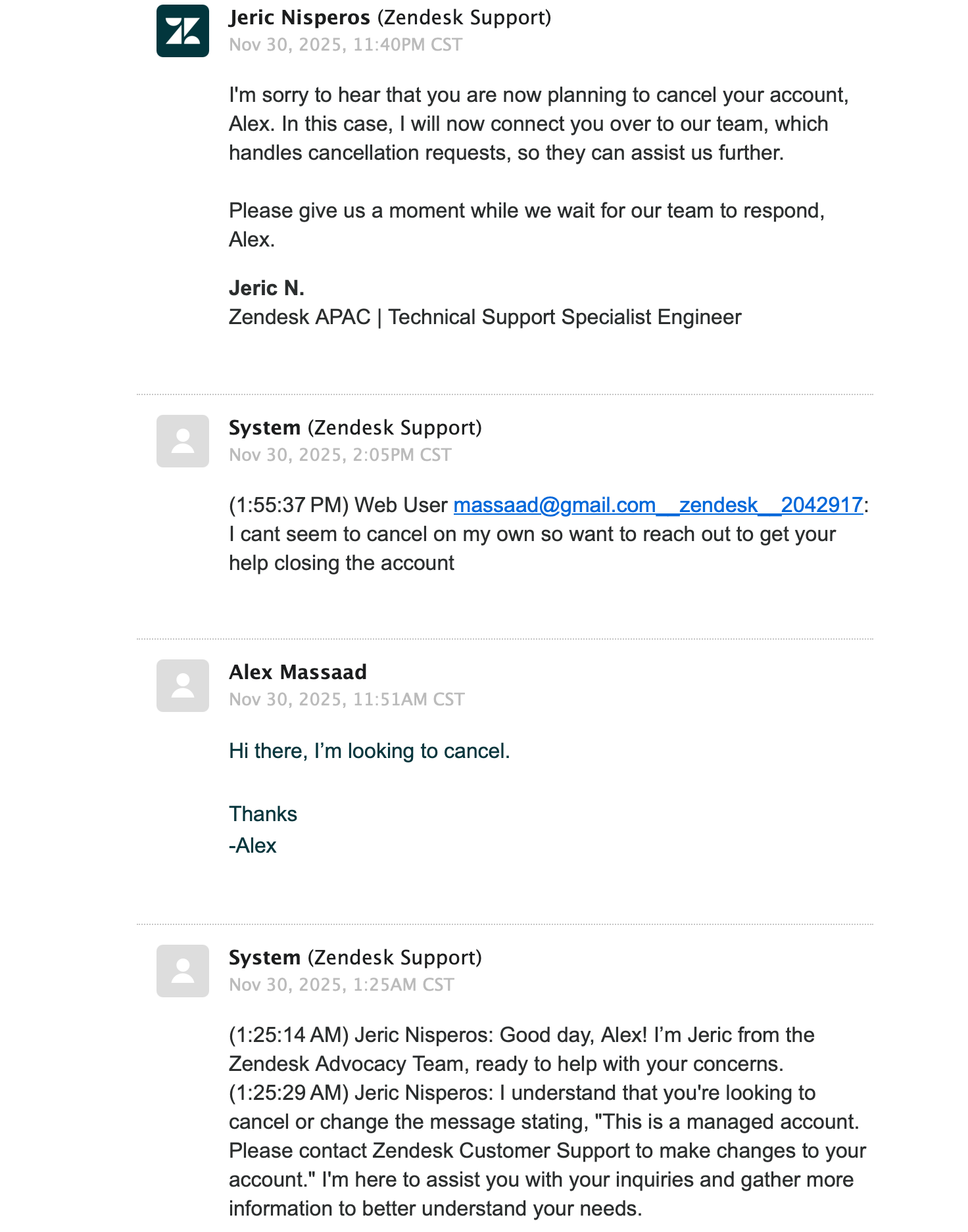 The handoff - Jeric passes me to "the team which handles cancellation requests"