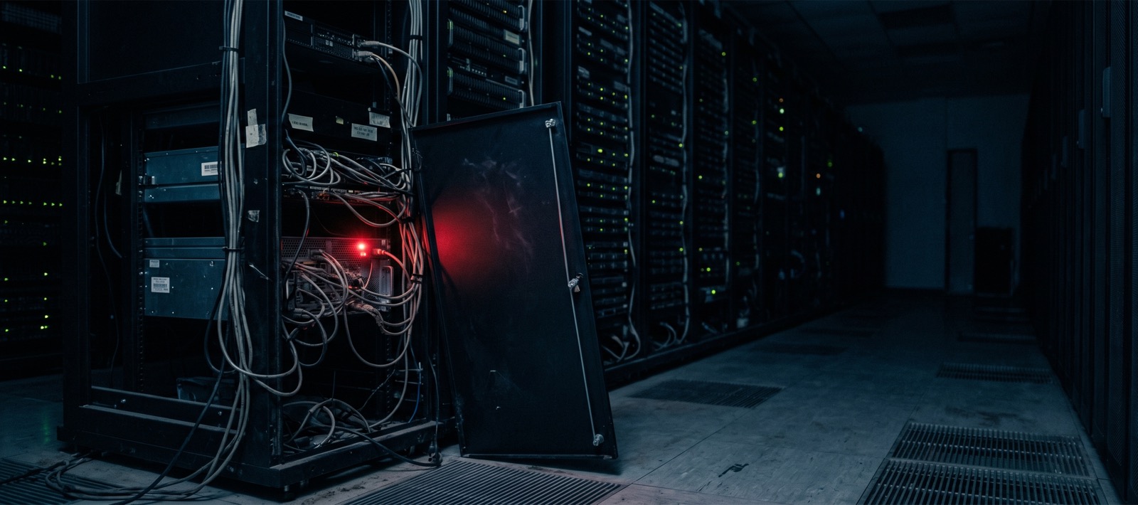 A dimly lit server rack with its access panel hanging open and a single red status light glowing